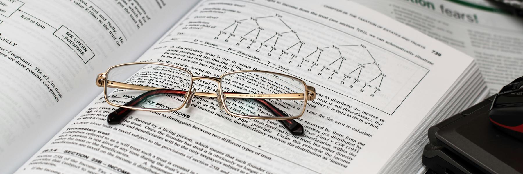 Pair of spectacles placed on an opened book
